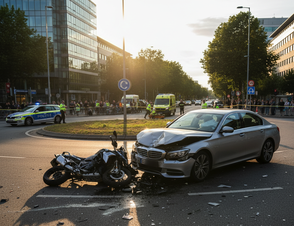 Accidente en rotonda con lluvia: BMW R1300 GS dañada mientras los sanitarios atienden al motorista; coche responsable y ambulancia al fondo.