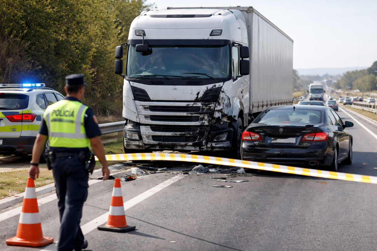 Accidente entre camión tráiler y turismo con agentes señalizando en autopista
