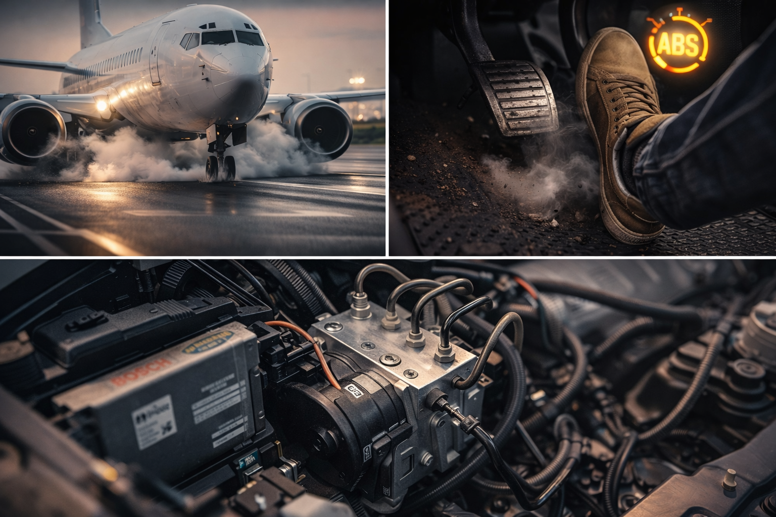 Avión aterrizando en pista mojada con humo en las ruedas, frenada controlada con sistema antibloqueo ABS inspirado en la aviación.