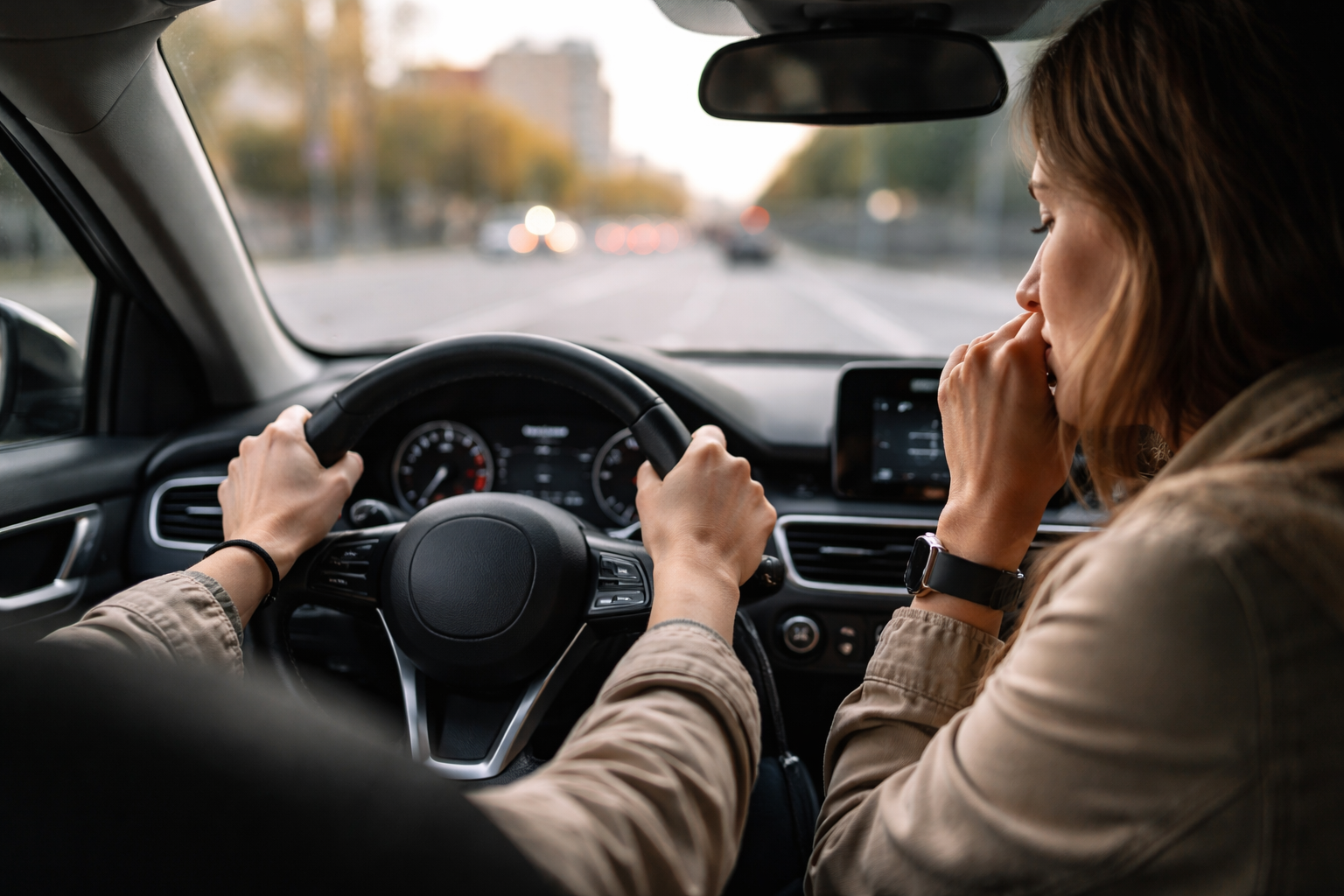 Conductor con ansiedad sujetando el volante antes de iniciar la marcha, interior de coche, escena realista sin texto