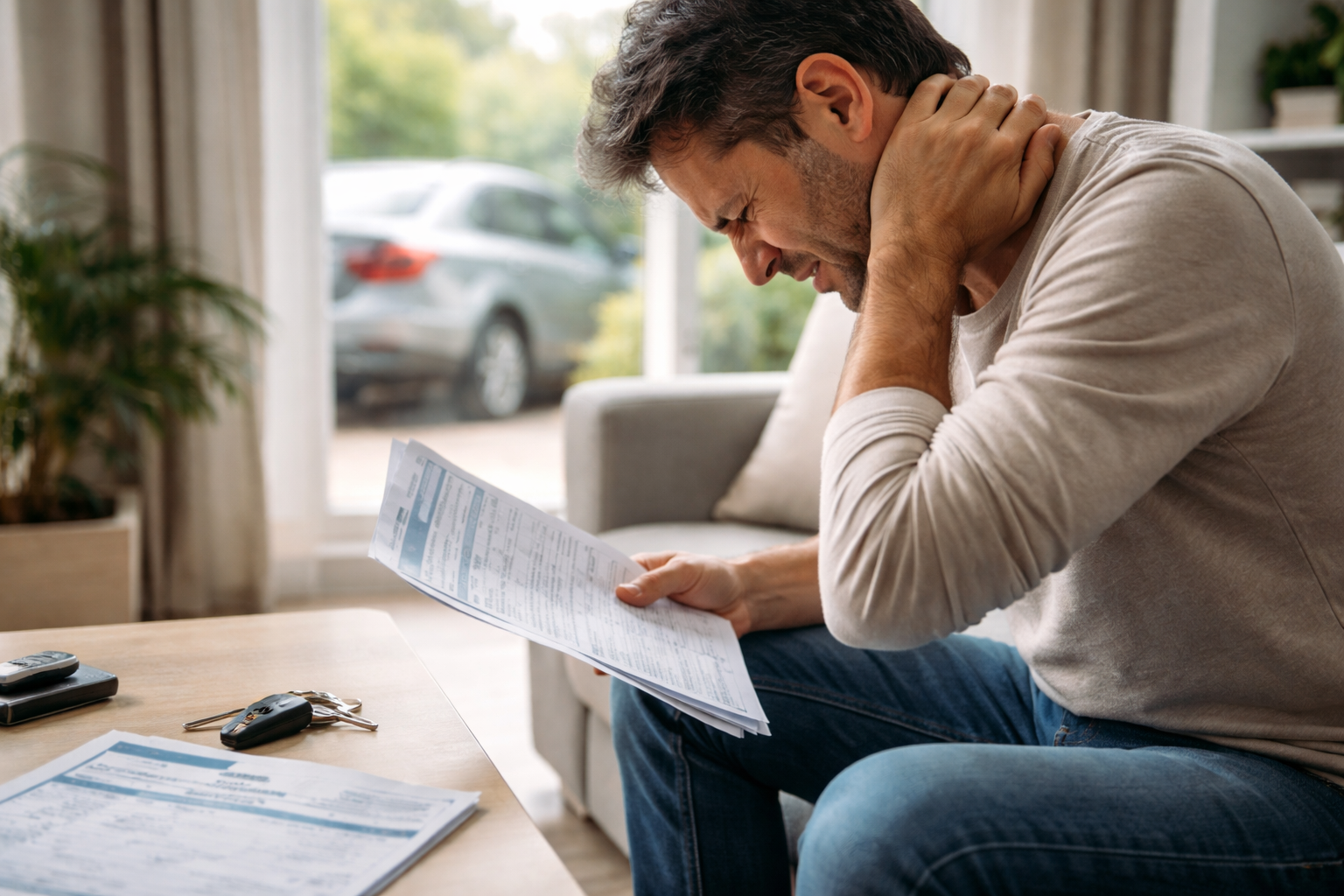 Persona con dolor de cuello 48 horas después de un accidente de tráfico leve, revisando informe médico en casa