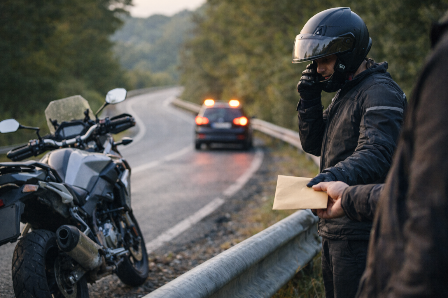 Conductor ofreciendo un sobre “en caliente” tras un accidente mientras el motorista llama por teléfono en el arcén