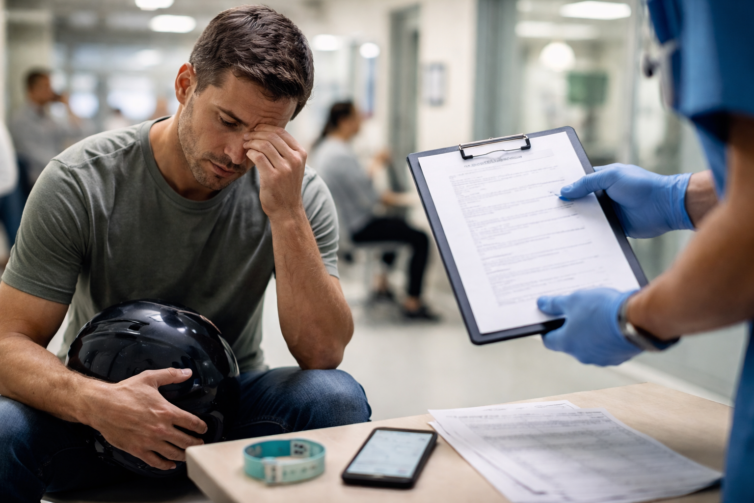 Persona en urgencias tras accidente de tráfico con casco en las manos y evaluación por posible trauma craneal leve