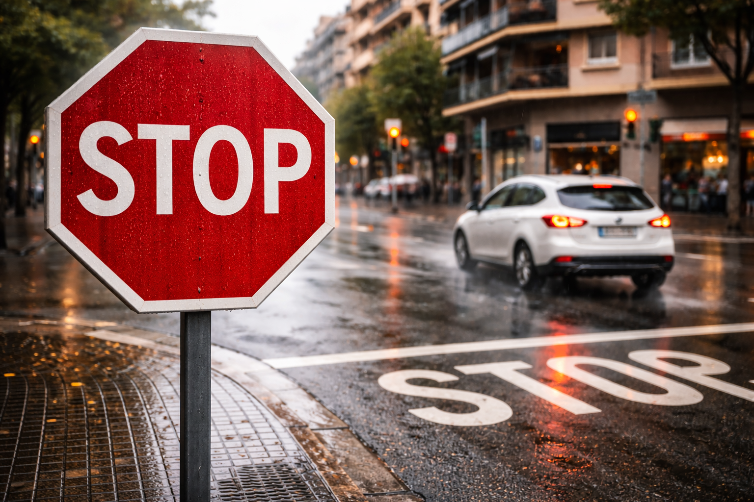 Señal STOP octogonal en un cruce urbano en España con asfalto húmedo y coche frenando al fondo