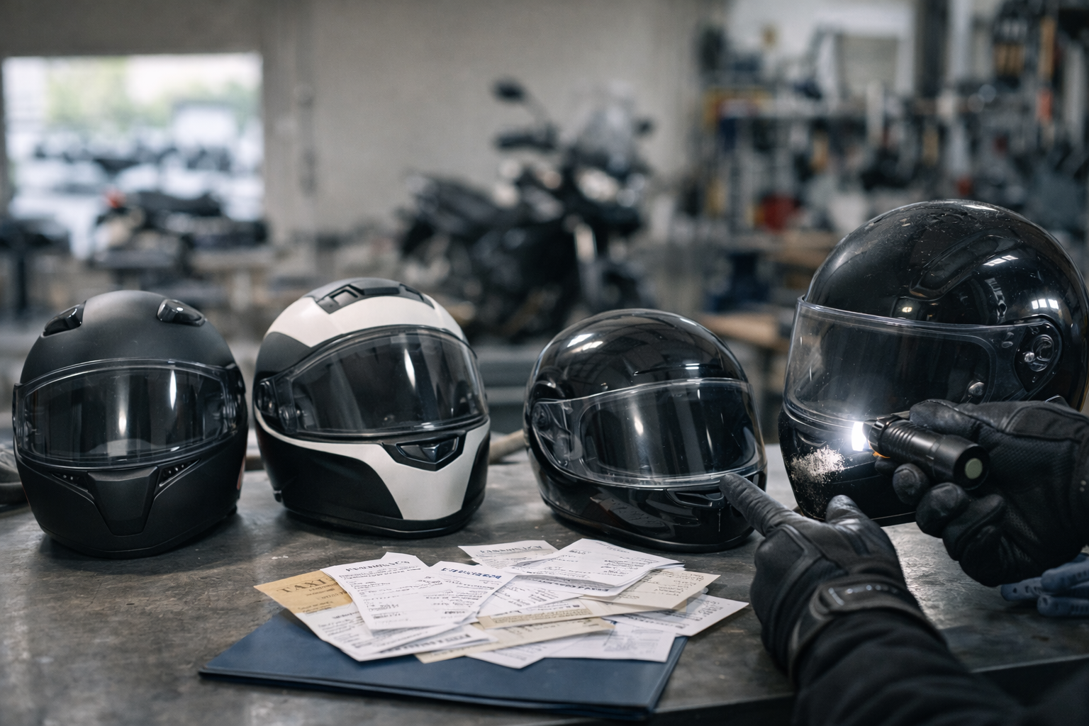 Tres cascos de moto integral modular y jet comparados en un banco de taller